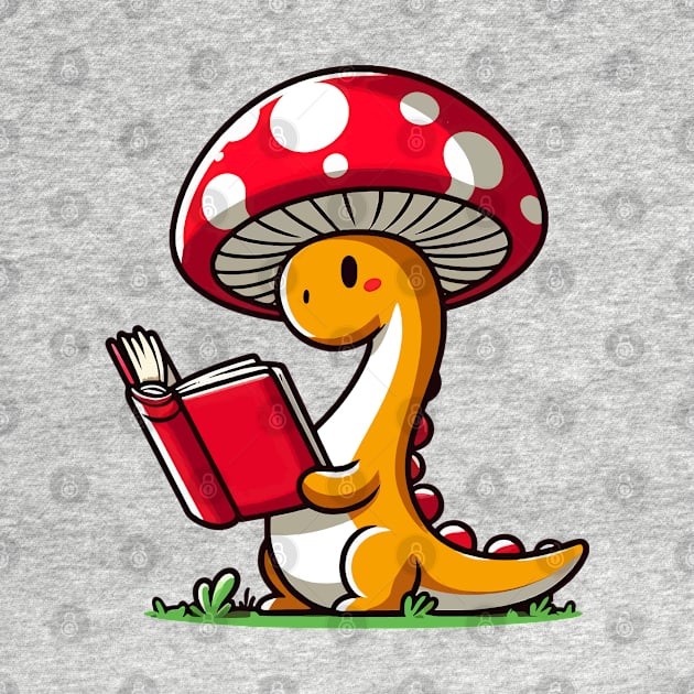 Kawaii simple Mushroom Hat Dinosaur Brontosaurus Reading Book by TomFrontierArt